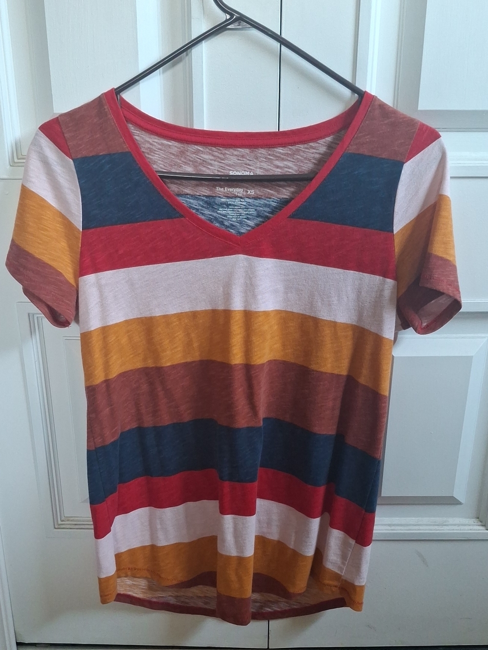 Sonoma V-Neck Striped Tee in Red, Mustard, Navy, Cream & Brown